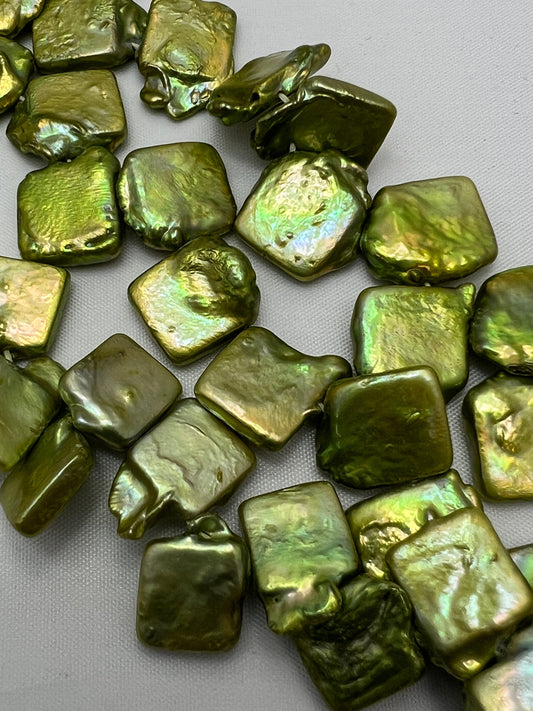 Natural Freshwater Lime Golden Green Square Fresh water Pearl with length 16" size 12-13 mm